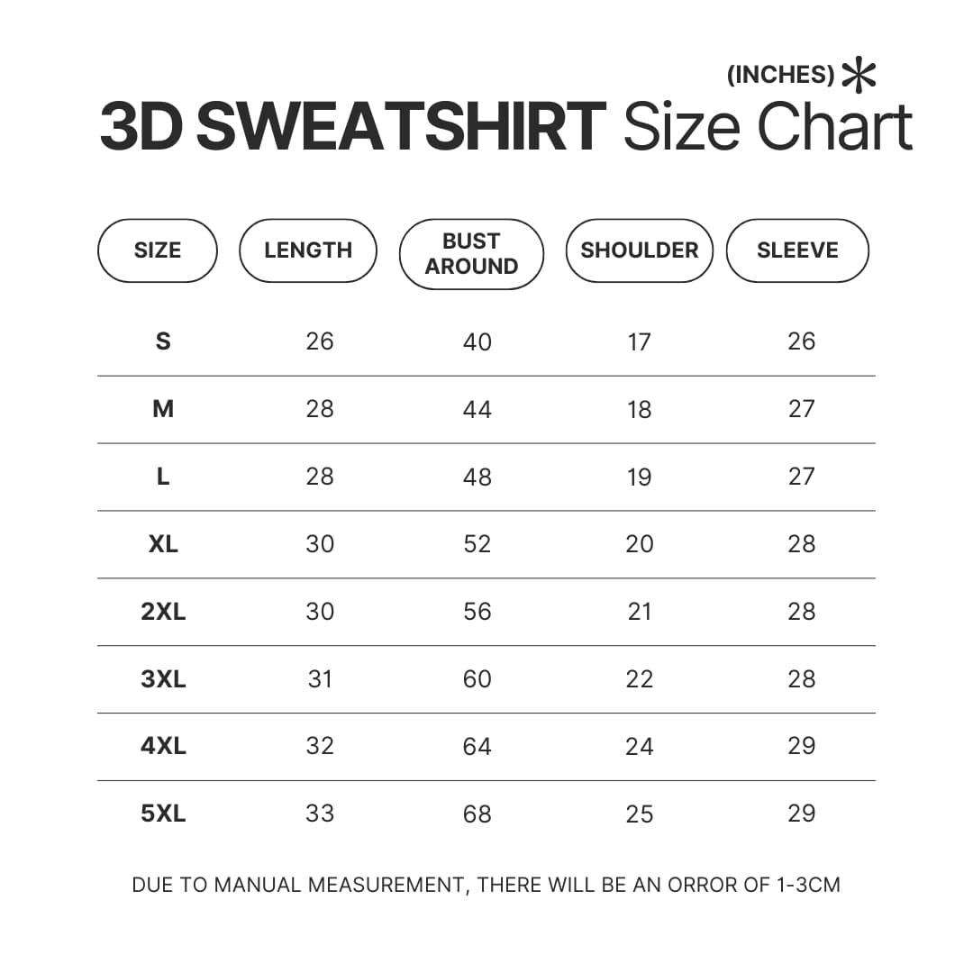 3D Sweatshirt Size Chart - Banana Fish Store
