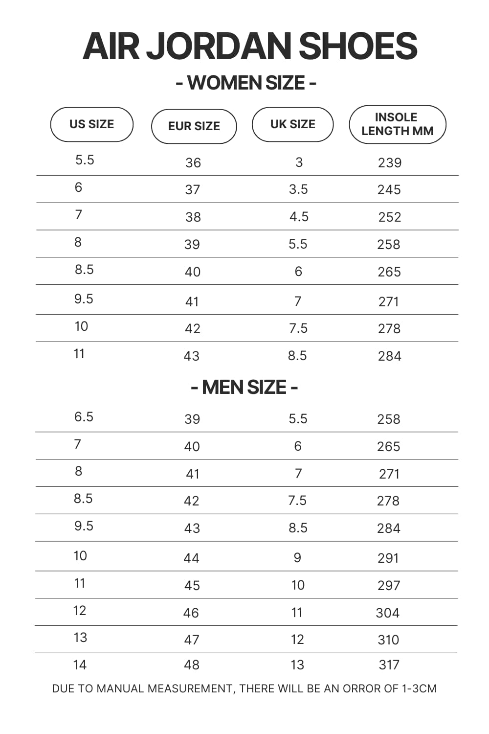 Air Jordan Shoes Size Chart - Banana Fish Store